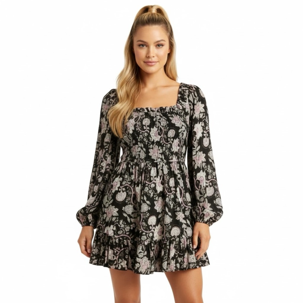 Mille Smocked‎ Babydoll Mini Dress Sz S Milkmaid Puff Sleeve Black Floral NWT